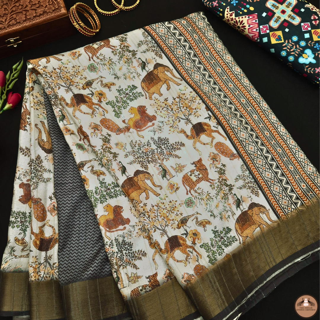 Satrangi Atrangi - Grey & black color Animal print Premium Gicha Silk Saree for Women