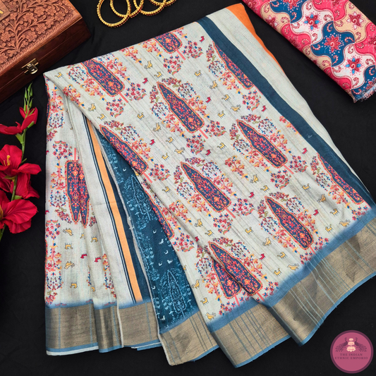 Satrangi Atrangi - Grey color Mughal inspired Tree of Life Print Premium Gicha Silk Saree for Women