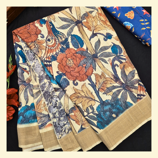 Satrangi Atrangi - Beige color Flora & Fauna Inspired Print Premium Gicha Silk Saree for Women