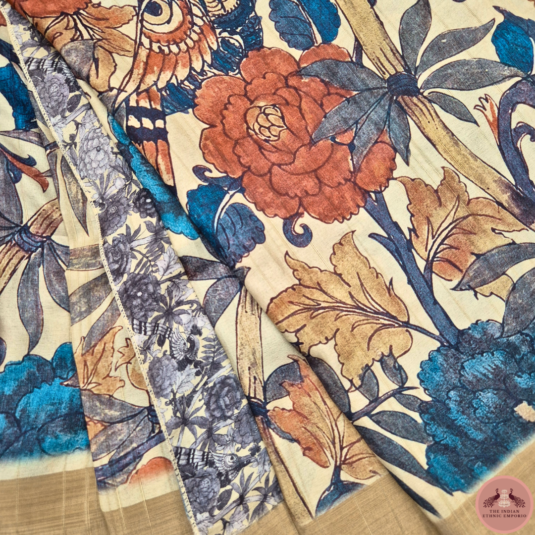 Satrangi Atrangi - Beige color Flora & Fauna Inspired Print Premium Gicha Silk Saree for Women