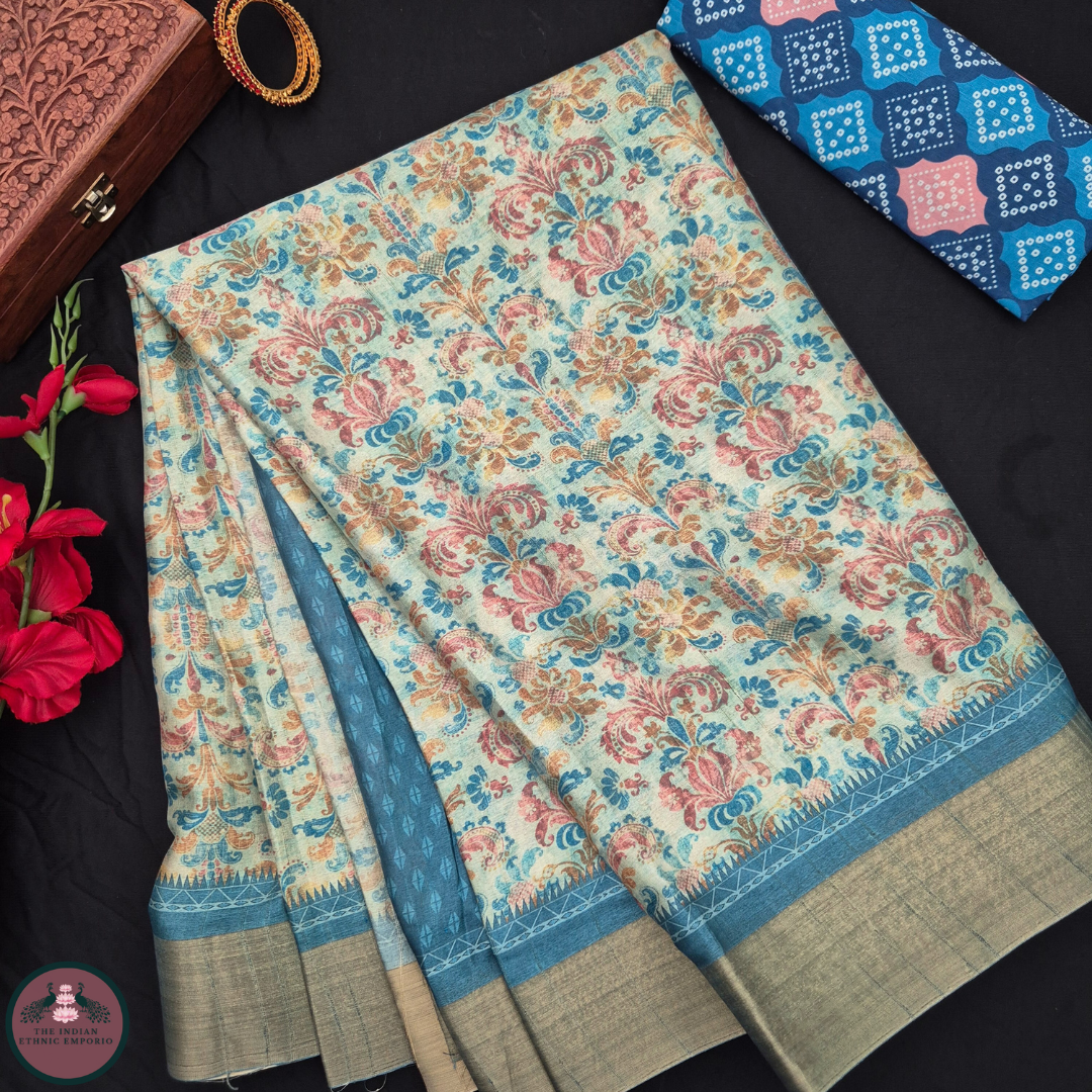 Satrangi Atrangi - Light Blue color Mughal Inspired Flora Print Premium Gicha Silk Saree for Women