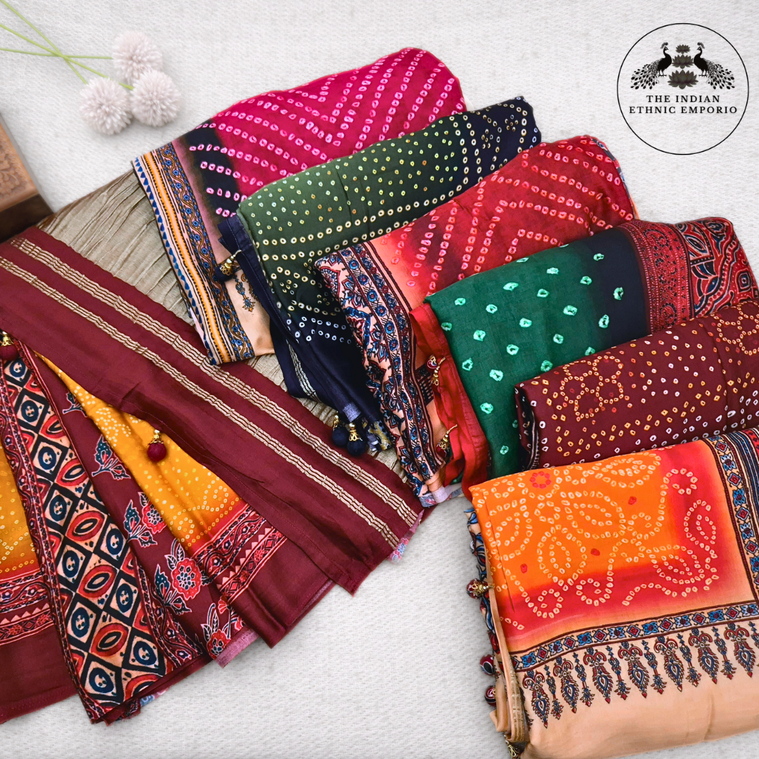 bandhej / bandhani & ajrakh print modal silk sarees