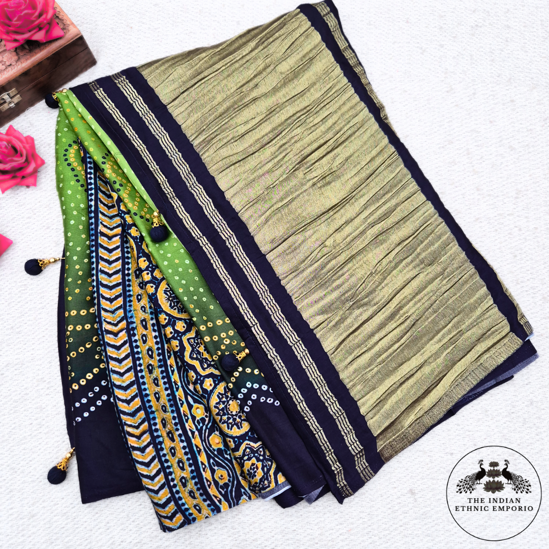 green & blue colored bandhej / bandhani & ajrakh print modal silk saree