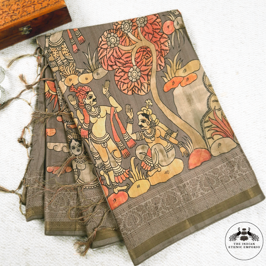 greyish Brown color saree with village scene - human & animal figurines printed all over