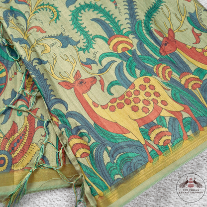 Green Color Animal Print Bhagalpuri Silk Saree- हिरन - Kalamkari Katha