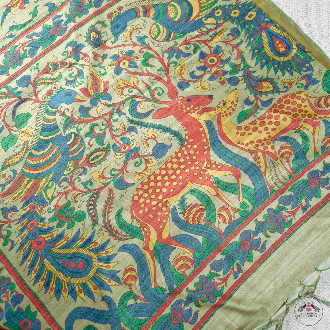 multicolor animal (deer & peacocks ) printed on green color bhagalpuri silk saree pallu