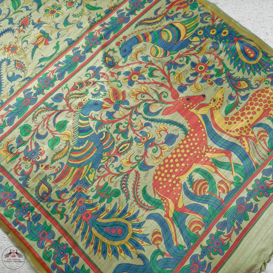 Green Color Animal Print Bhagalpuri Silk Saree- हिरन - Kalamkari Katha