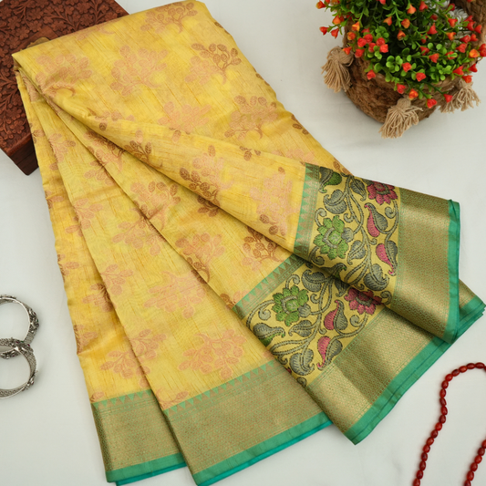 Komal Resham- Yellow color banarasi Silk Saree with zari weaving with Floral Border for women