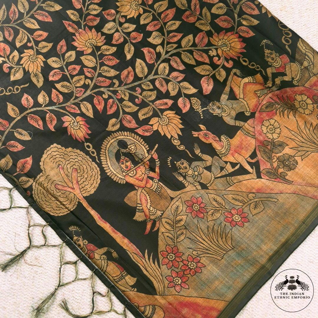 Black Color Bhagalpuri Silk Saree with Hindu God, Shri Krishna Print- कृष्ण- Kalamkari Katha