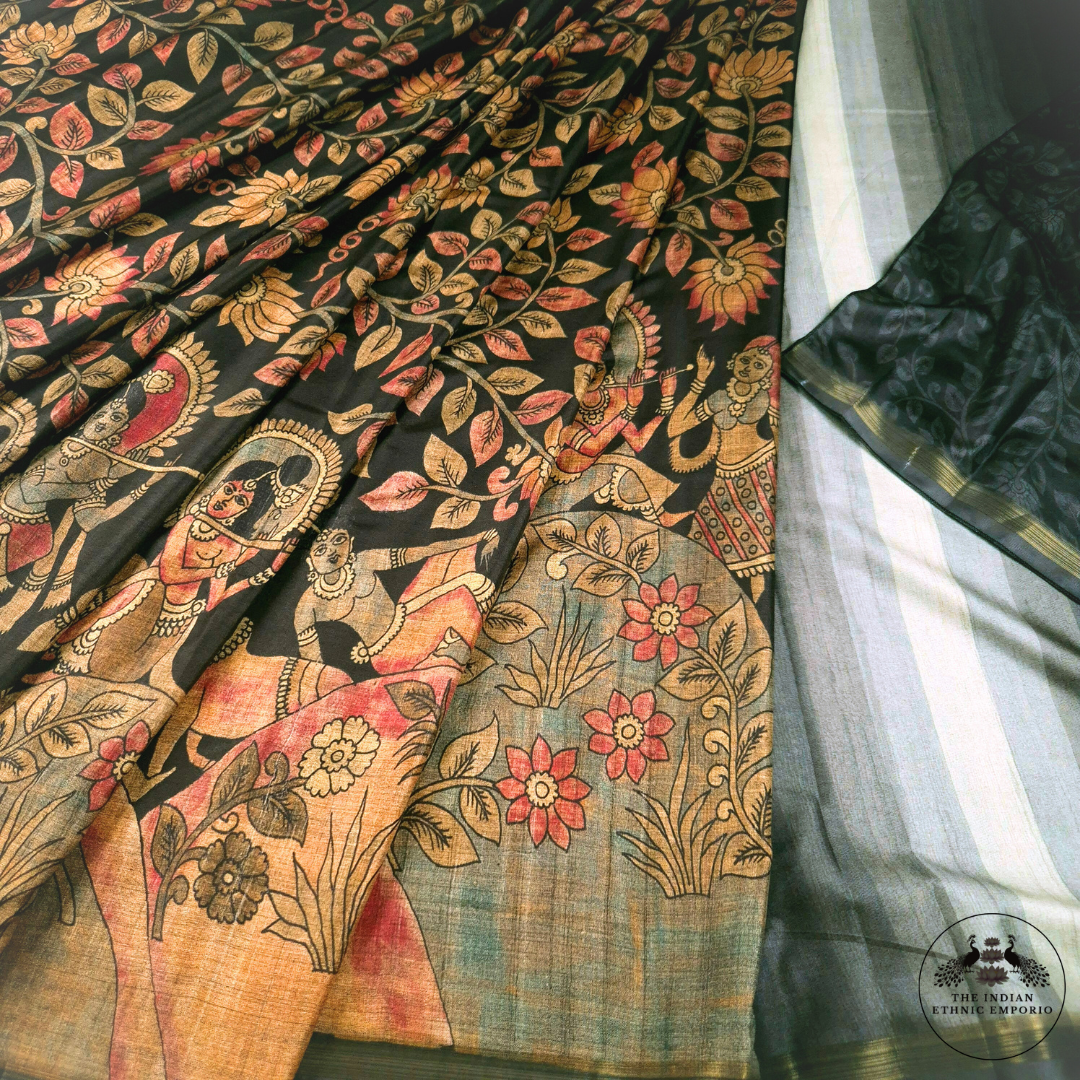 Black Color Bhagalpuri Silk Saree with Hindu God, Shri Krishna Print- कृष्ण- Kalamkari Katha