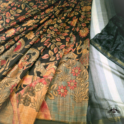 Black Color Bhagalpuri Silk Saree with Hindu God, Shri Krishna Print- कृष्ण- Kalamkari Katha