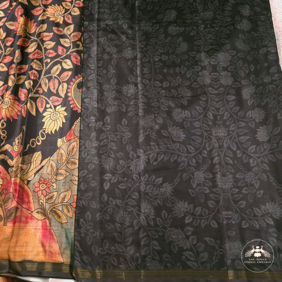 Black Color Bhagalpuri Silk Saree with Hindu God, Shri Krishna Print- कृष्ण- Kalamkari Katha