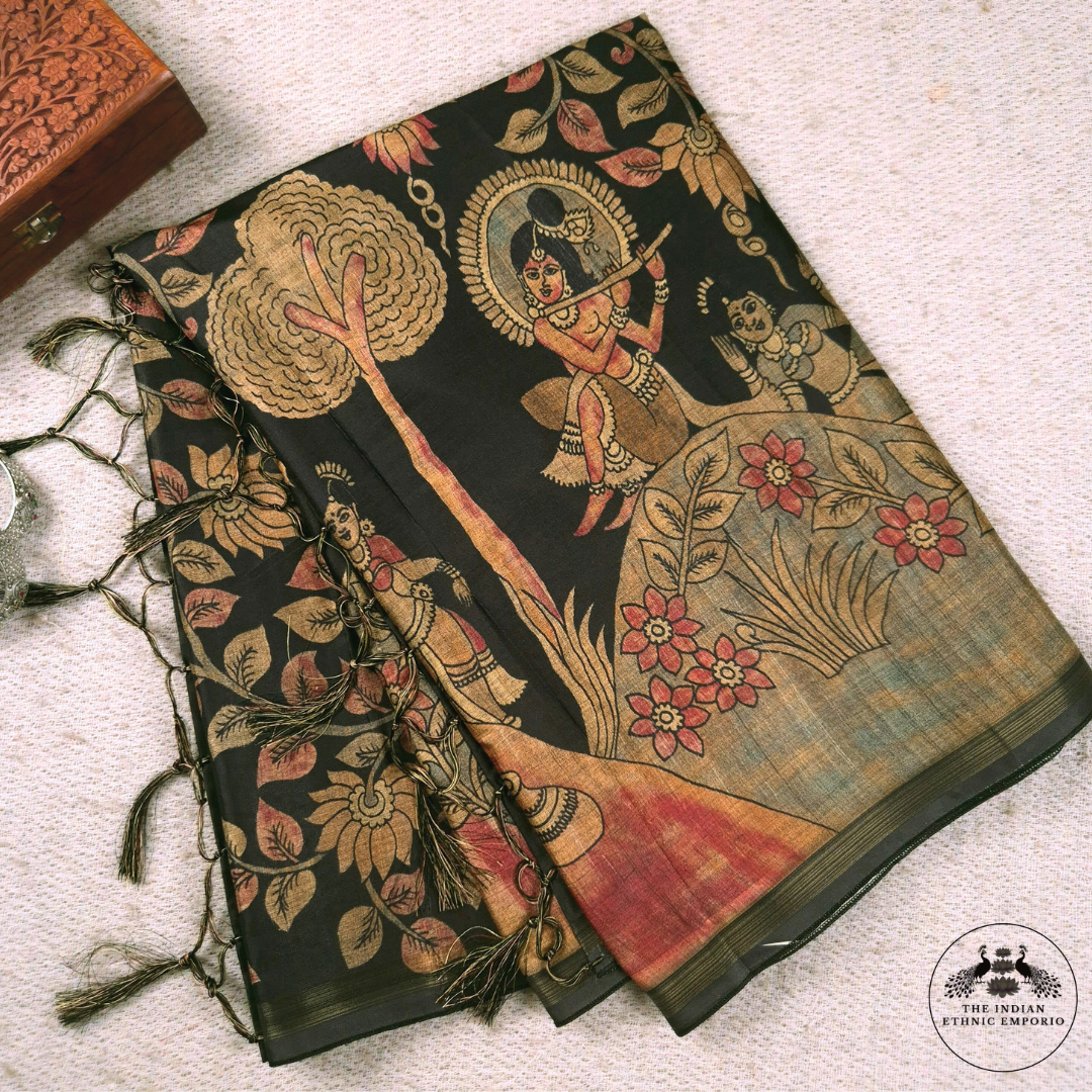 Lord Shri Krishna printed in earthen hues on black color bhagalpur silk saree