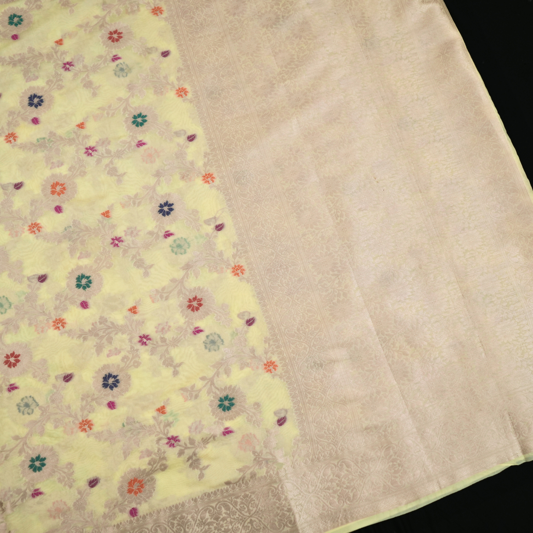 Gulnaaz - Yellowish Cream Khaddi Georgette saree with Zari weaving work for women