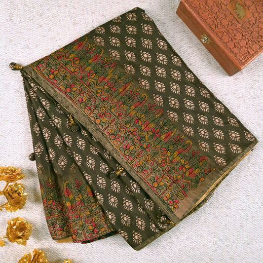 Mehendi Green Color Karigari Kantha Semi Tussar x Kantha Hand Embroidery x Hand Block Print for Women