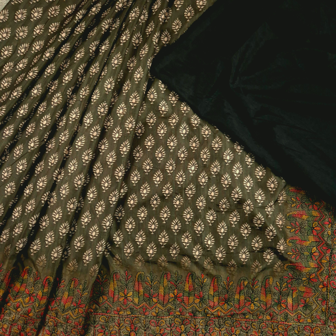 Mehendi Green Color Karigari Kantha Semi Tussar x Kantha Hand Embroidery x Hand Block Print for Women