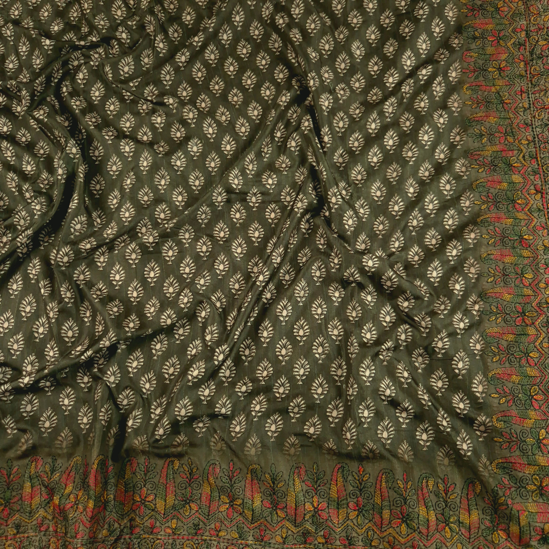 Mehendi Green Color Karigari Kantha Semi Tussar x Kantha Hand Embroidery x Hand Block Print for Women
