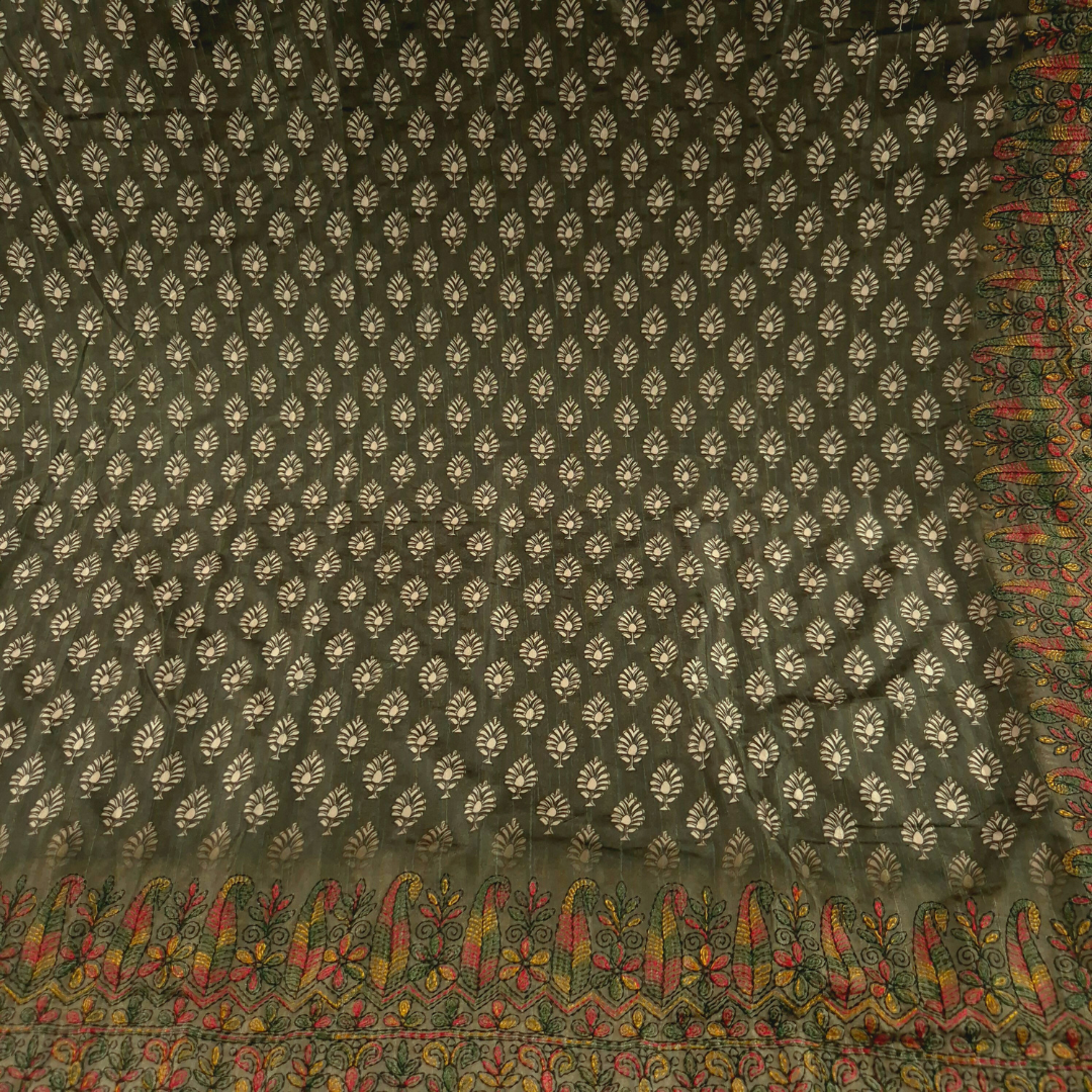 Mehendi Green Color Karigari Kantha Semi Tussar x Kantha Hand Embroidery x Hand Block Print for Women