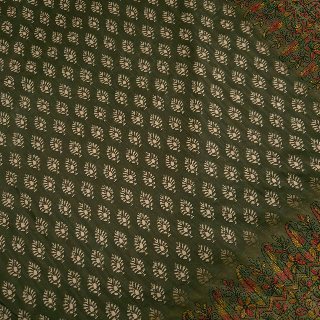 Mehendi Green Color Karigari Kantha Semi Tussar x Kantha Hand Embroidery x Hand Block Print for Women