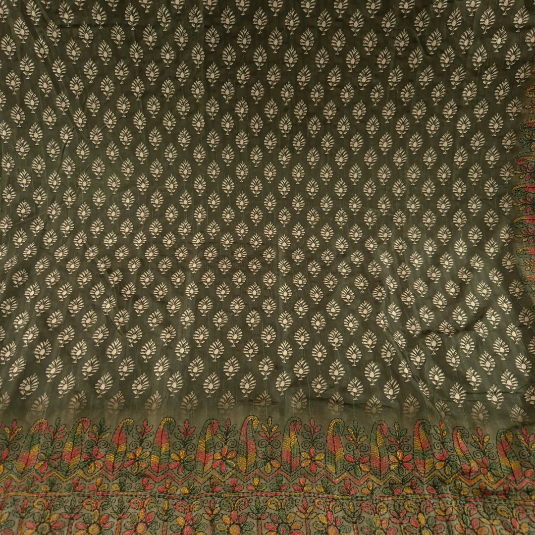 Mehendi Green Color Karigari Kantha Semi Tussar x Kantha Hand Embroidery x Hand Block Print for Women