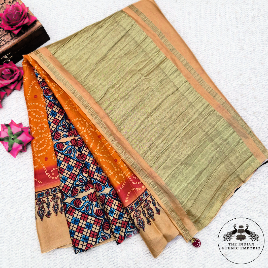 orange & red color, bandhej / bandhani & ajrakh print modal silk sarees