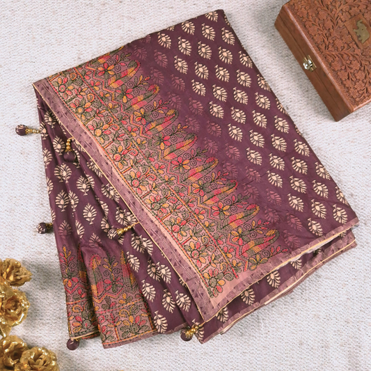 Purple Color Karigari Kantha  Semi Tussar x Kantha Hand Embroidery x Hand Block Print for women