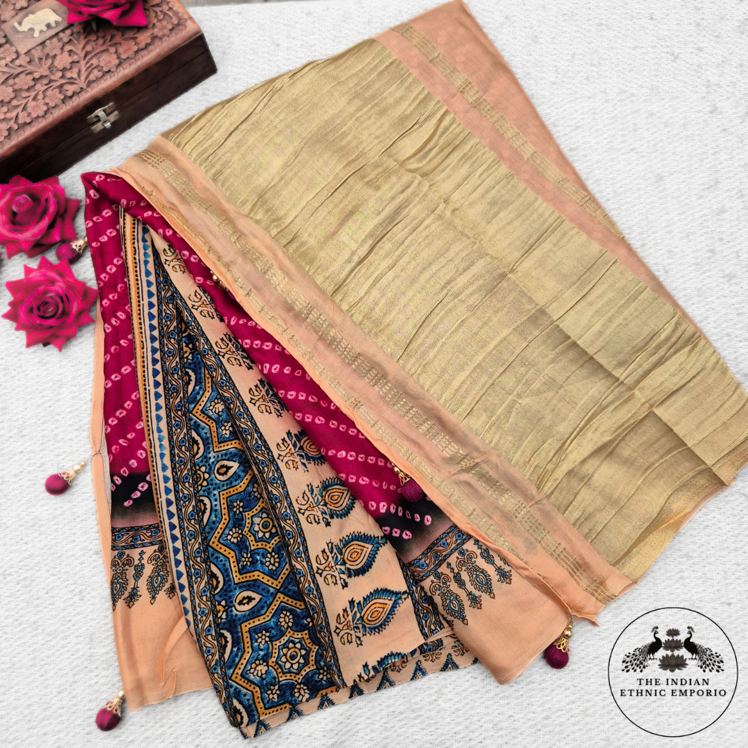 rani pink & black color bandhej / bandhani & ajrakh print modal silk sarees
