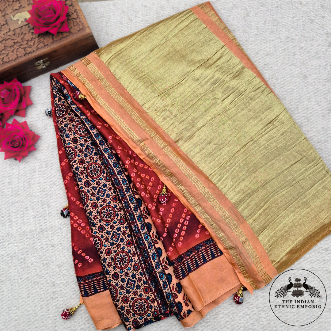 Red & maroon color bandhej / bandhani & ajrakh print modal silk saree