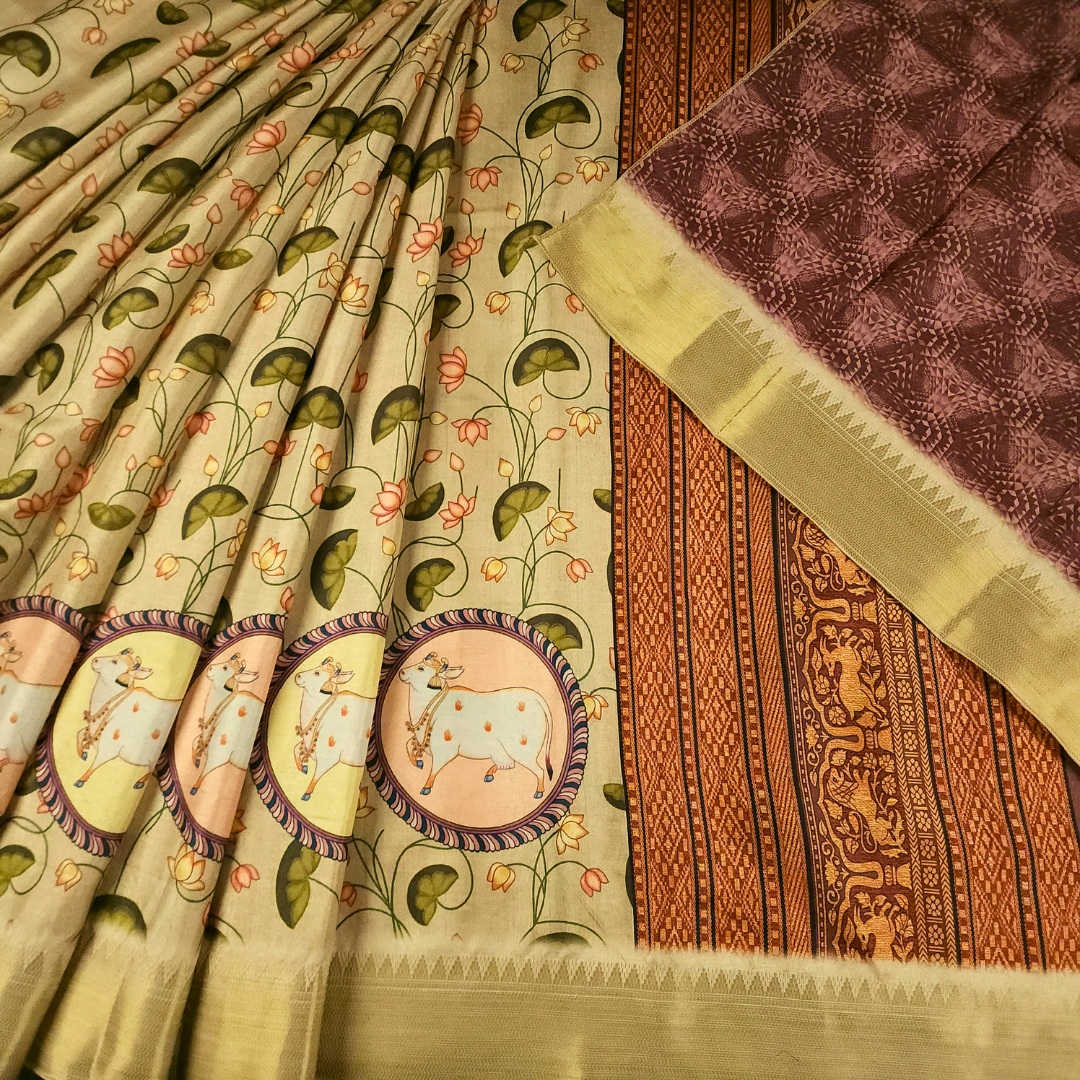 Beige color Tussar Silk Pichwai Saree from Pichwai Palette Collection - SAADGI