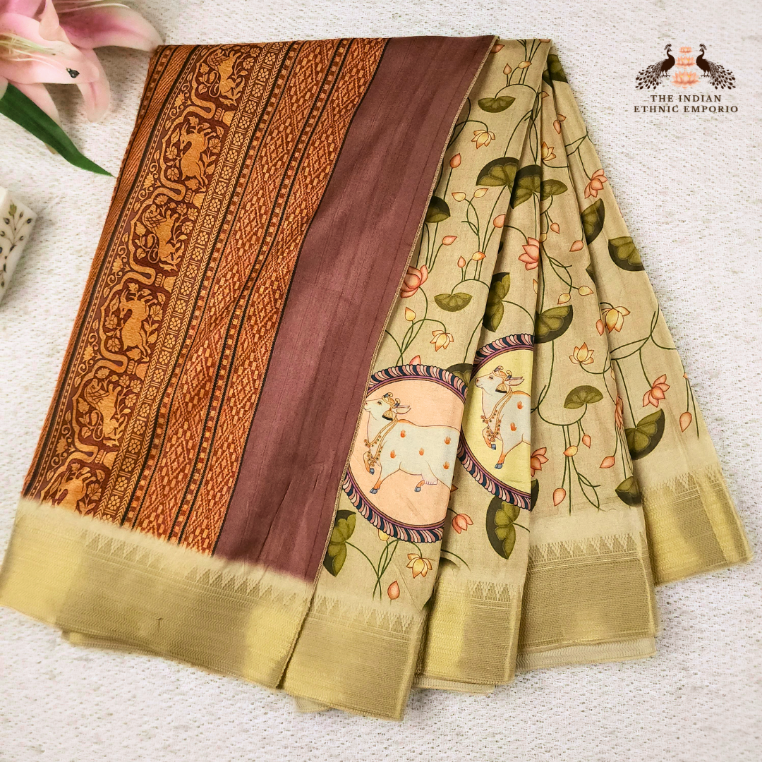 Beige color Tussar Silk Pichwai Saree from Pichwai Palette Collection - SAADGI