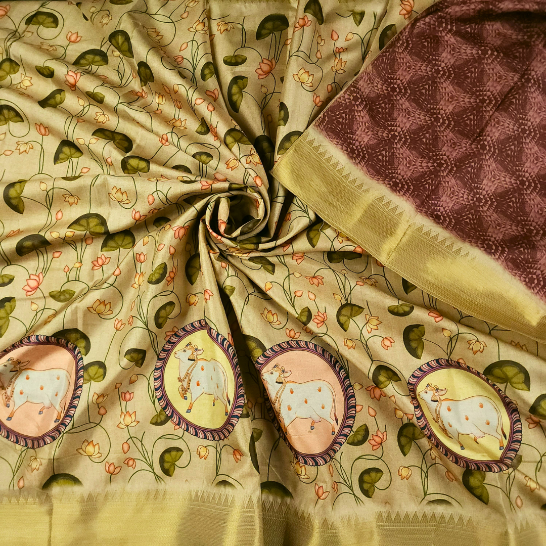 Beige color Tussar Silk Pichwai Saree from Pichwai Palette Collection - SAADGI