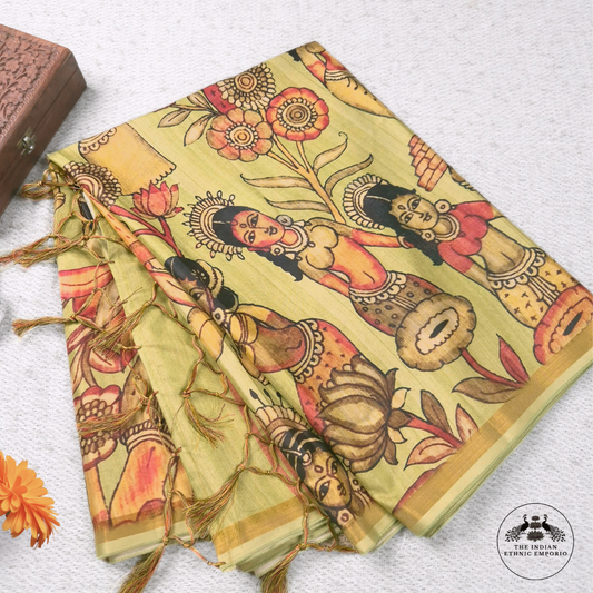 Vibrant Green Color Bhagalpuri Silk Saree with Women Figurine Print - सुंदरी - Kalamkari Katha