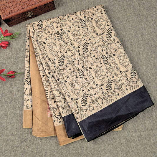 D1 - Premium Khadi Silk Saree with Hand-Embroidered Warli Art