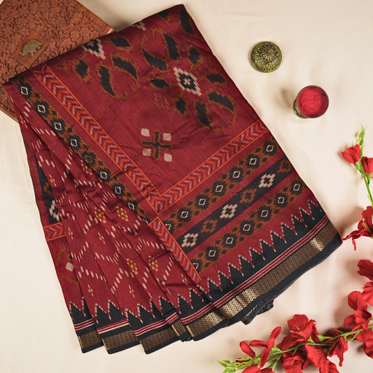 Red & Black Color Pure Samabalpur Cotton Saree | Ikkat Design | Jugalbandi Collection - Design 1